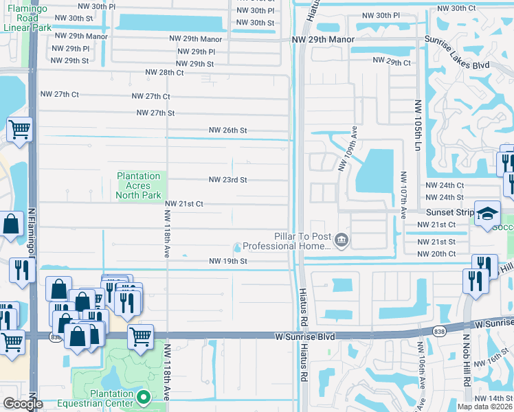 map of restaurants, bars, coffee shops, grocery stores, and more near 11460 Northwest 21st Court in Plantation