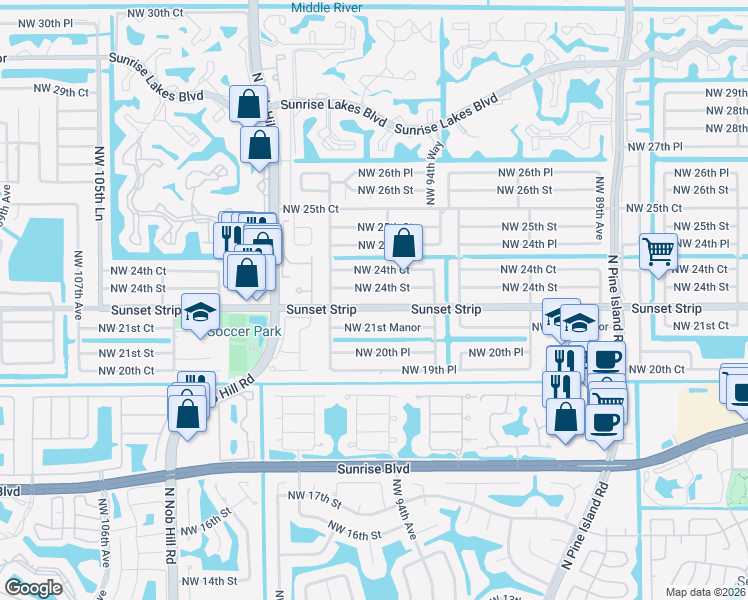 map of restaurants, bars, coffee shops, grocery stores, and more near 9650 Sunset Strip in Sunrise
