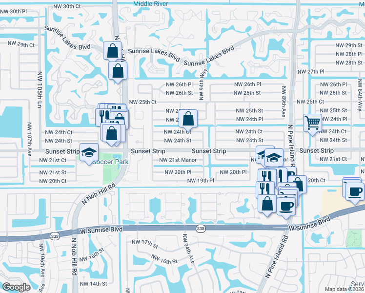 map of restaurants, bars, coffee shops, grocery stores, and more near 9490 Sunset Strip in Sunrise