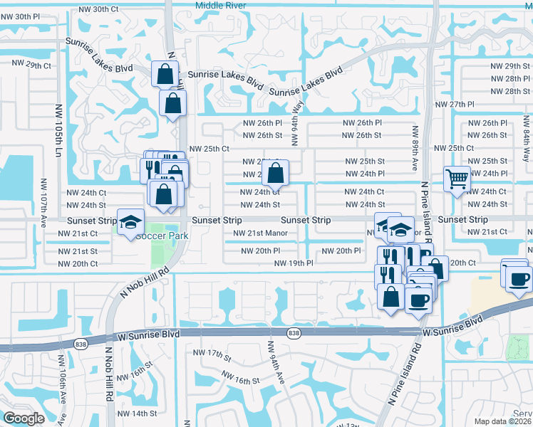 map of restaurants, bars, coffee shops, grocery stores, and more near 9571 Sunset Strip in Sunrise
