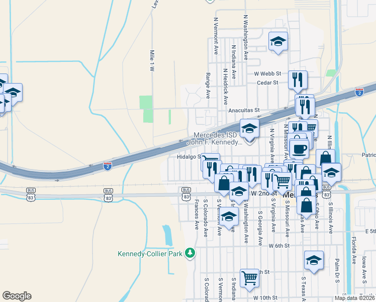 map of restaurants, bars, coffee shops, grocery stores, and more near 142 Michigan Avenue in Mercedes