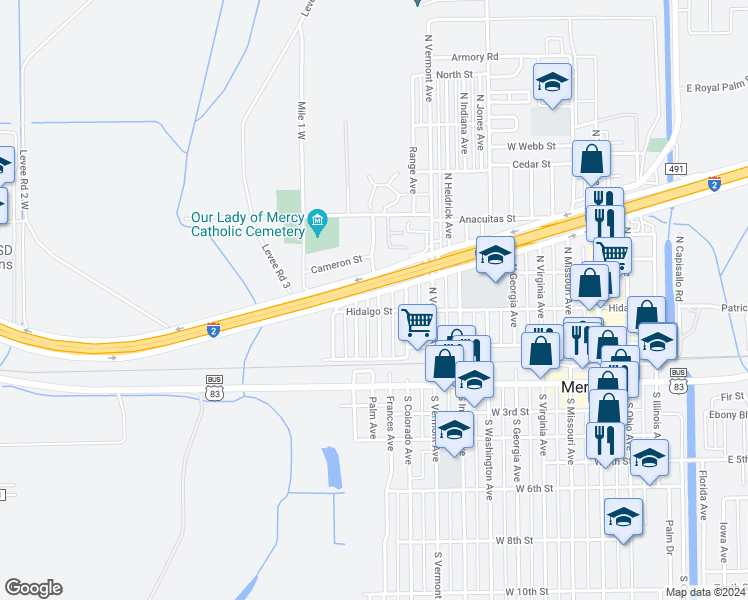 map of restaurants, bars, coffee shops, grocery stores, and more near 210 Michigan Avenue in Mercedes