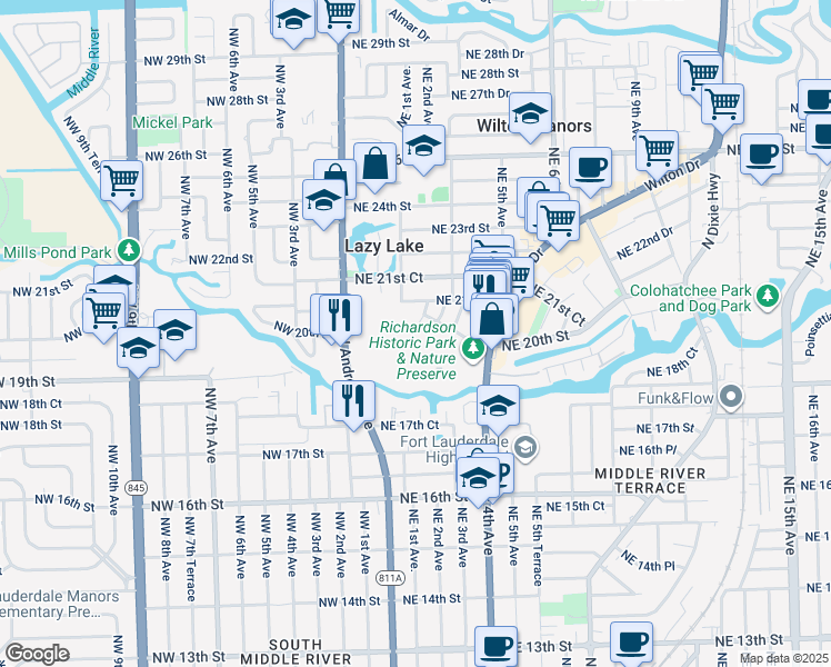 map of restaurants, bars, coffee shops, grocery stores, and more near 1930 Northeast 2nd Avenue in Wilton Manors