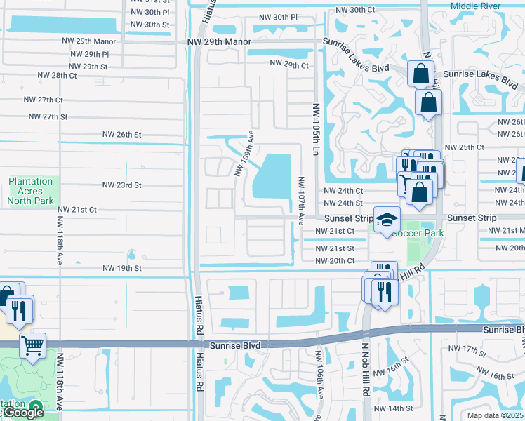 map of restaurants, bars, coffee shops, grocery stores, and more near 10781 Northwest 21st Court in Sunrise