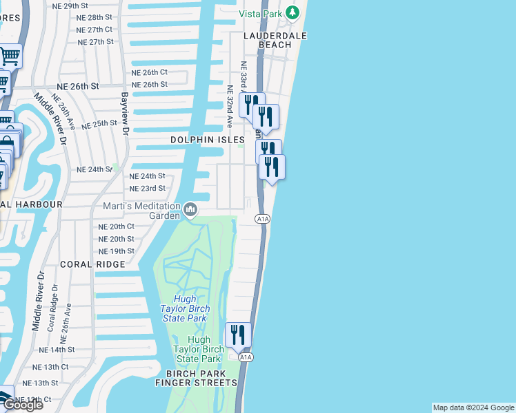 map of restaurants, bars, coffee shops, grocery stores, and more near 3329 Northeast 18th Street in Fort Lauderdale