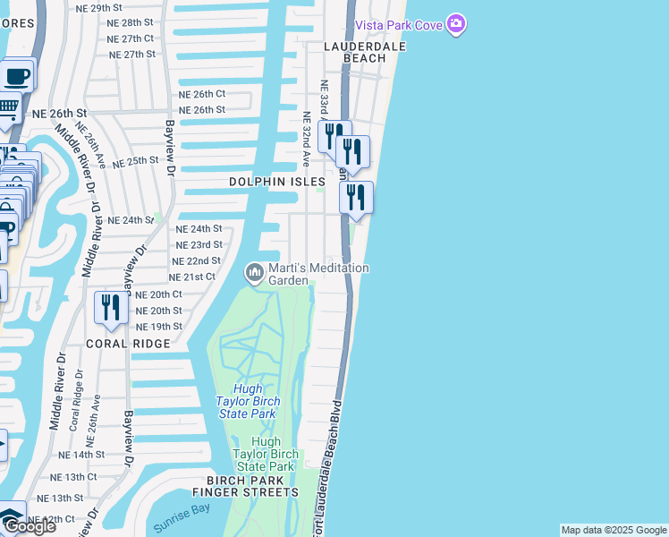 map of restaurants, bars, coffee shops, grocery stores, and more near 3329 Northeast 18th Street in Fort Lauderdale