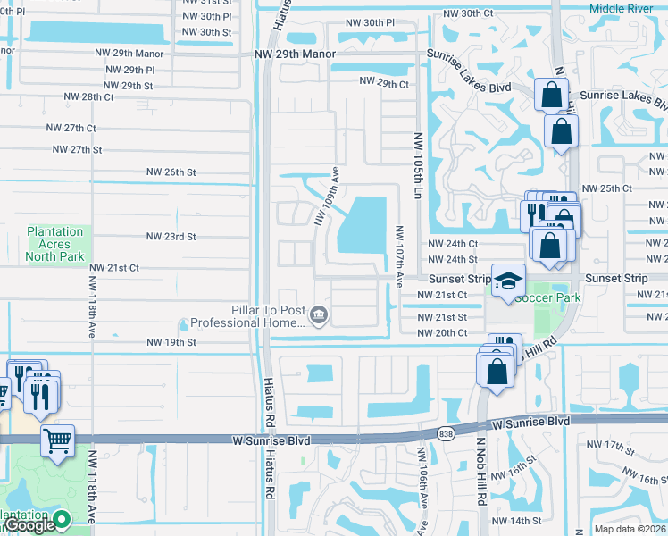 map of restaurants, bars, coffee shops, grocery stores, and more near 2150 Northwest 109th Avenue in Sunrise