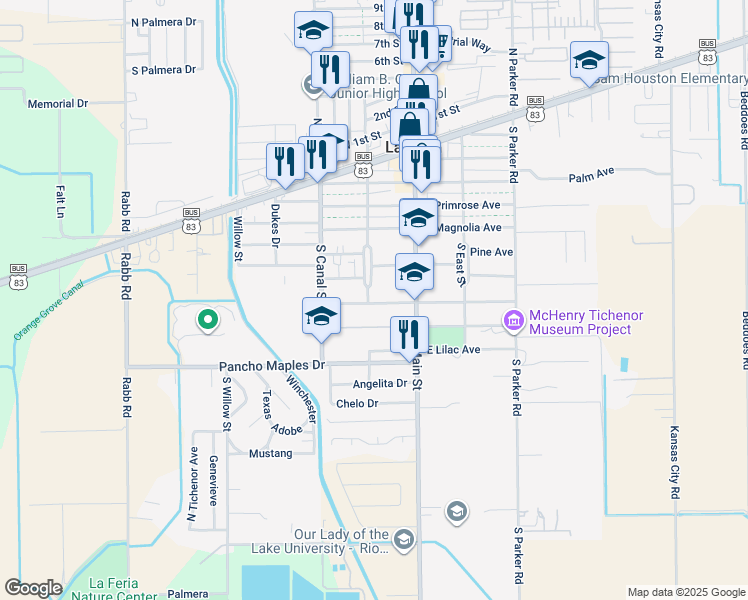 map of restaurants, bars, coffee shops, grocery stores, and more near 100-198 Lions Lane in La Feria