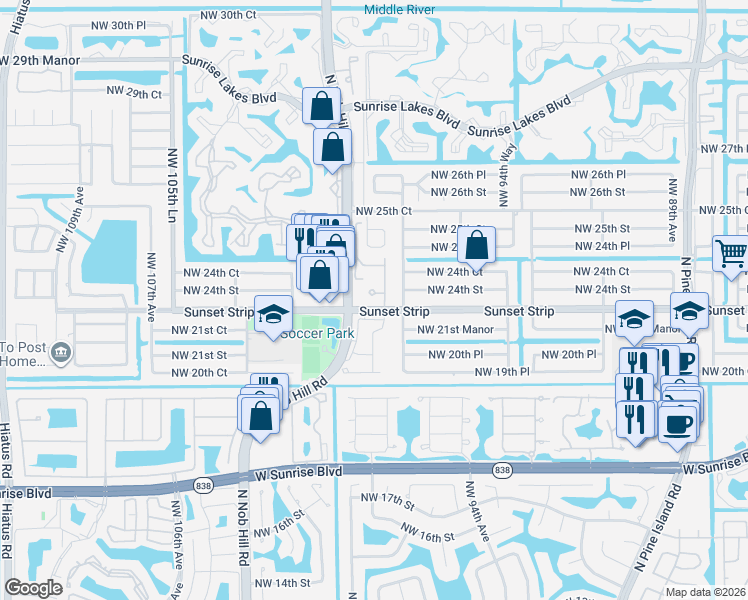 map of restaurants, bars, coffee shops, grocery stores, and more near 2251 Northwest 99th Way in Sunrise