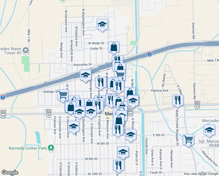 map of restaurants, bars, coffee shops, grocery stores, and more near 170 North Texas Avenue in Mercedes
