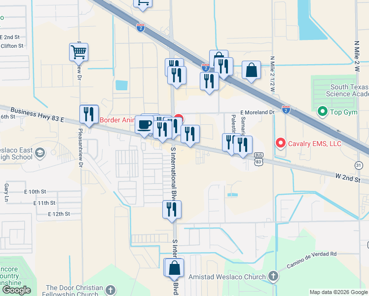 map of restaurants, bars, coffee shops, grocery stores, and more near 3318 West Business 83 in Weslaco