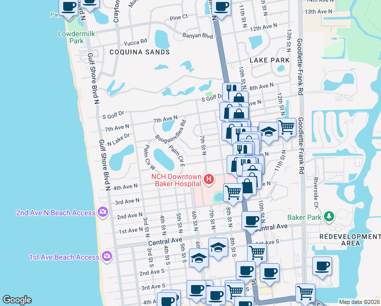 map of restaurants, bars, coffee shops, grocery stores, and more near 555 Palm Circle East in Naples
