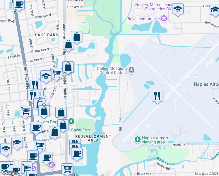 map of restaurants, bars, coffee shops, grocery stores, and more near 1555 Airway Drive in Naples