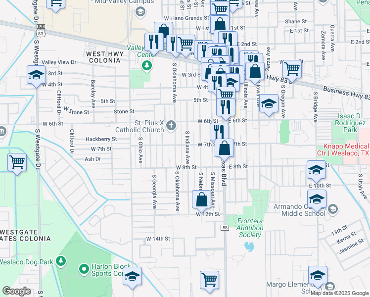 map of restaurants, bars, coffee shops, grocery stores, and more near 420 West 7th Street in Weslaco