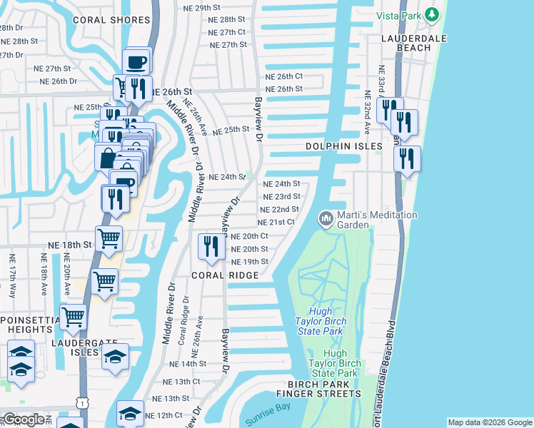 map of restaurants, bars, coffee shops, grocery stores, and more near 2816 Northeast 23rd Street in Fort Lauderdale