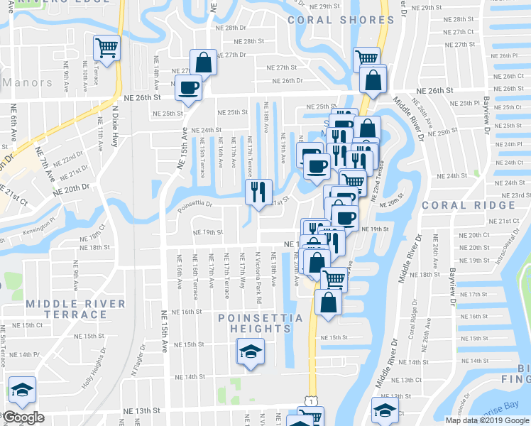 map of restaurants, bars, coffee shops, grocery stores, and more near 1801 Northeast 21st Street in Fort Lauderdale