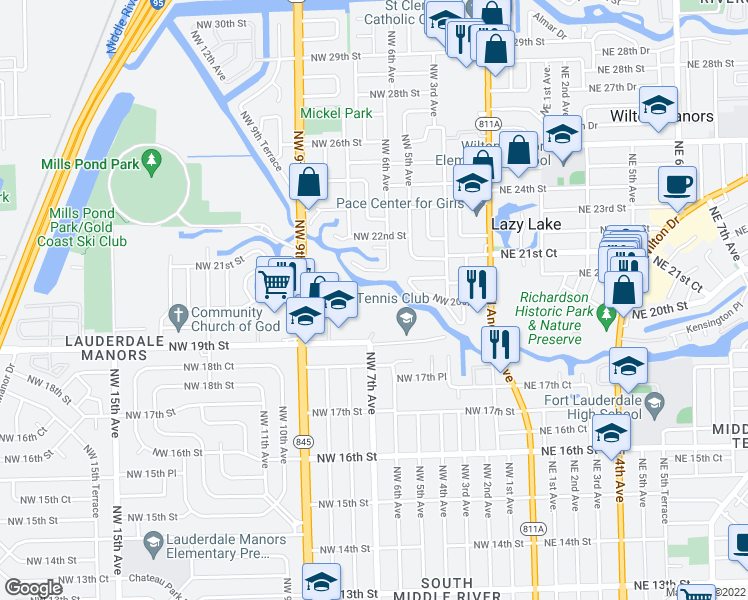 map of restaurants, bars, coffee shops, grocery stores, and more near 616 Northwest 21st Street in Wilton Manors