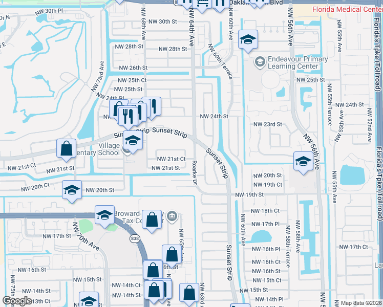 map of restaurants, bars, coffee shops, grocery stores, and more near in Sunrise