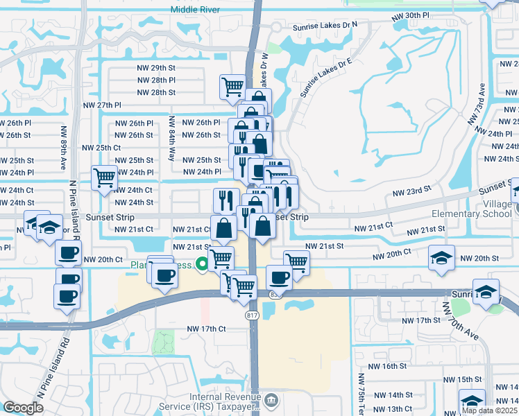 map of restaurants, bars, coffee shops, grocery stores, and more near 2300 North University Drive in Sunrise