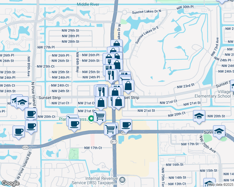 map of restaurants, bars, coffee shops, grocery stores, and more near 2300 North University Drive in Sunrise