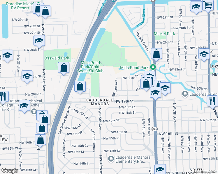 map of restaurants, bars, coffee shops, grocery stores, and more near 1470 Northwest 21st Street in Fort Lauderdale