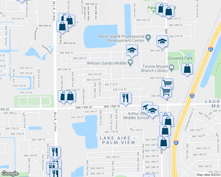 map of restaurants, bars, coffee shops, grocery stores, and more near 2160 Northwest 27th Terrace in Fort Lauderdale