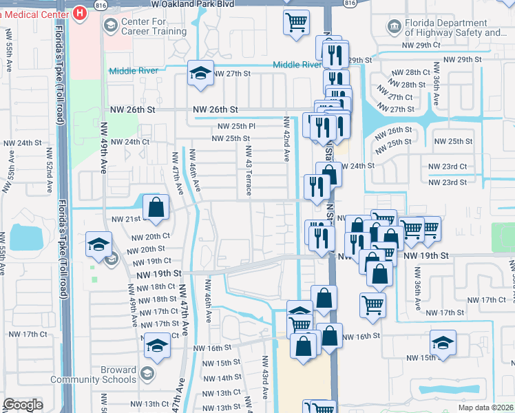 map of restaurants, bars, coffee shops, grocery stores, and more near 2111 Northwest 43 Terrace in Lauderhill