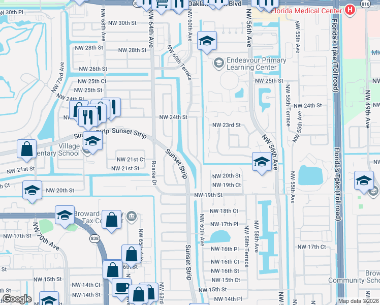 map of restaurants, bars, coffee shops, grocery stores, and more near 2270 Northwest 60th Terrace in Sunrise