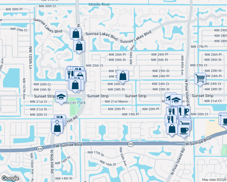 map of restaurants, bars, coffee shops, grocery stores, and more near 9650 Northwest 24th Court in Sunrise