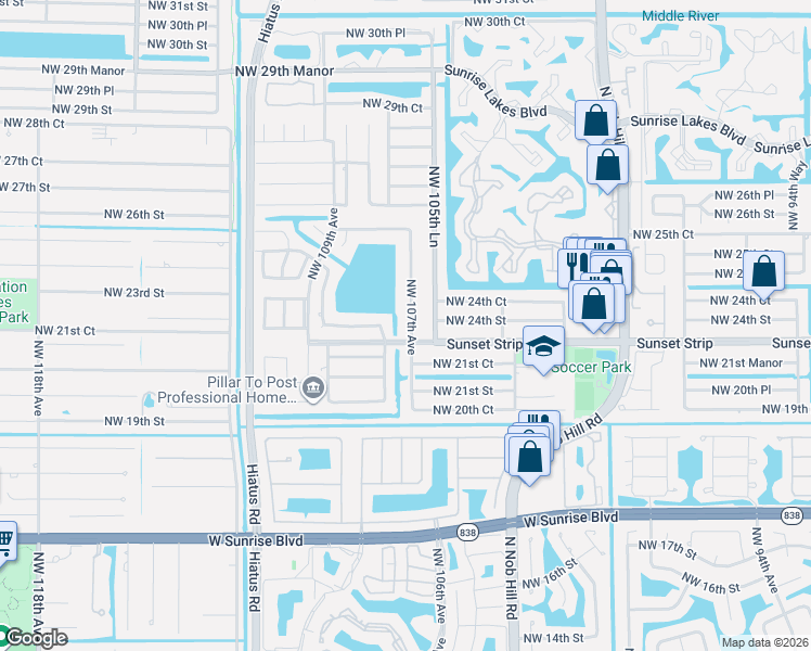 map of restaurants, bars, coffee shops, grocery stores, and more near 10757 Northwest 23rd Court in Sunrise