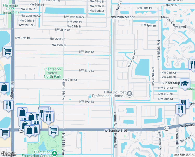 map of restaurants, bars, coffee shops, grocery stores, and more near 11401 Northwest 22nd Street in Plantation
