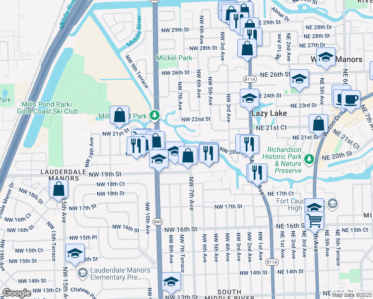 map of restaurants, bars, coffee shops, grocery stores, and more near 721 Northwest 19th Street in Fort Lauderdale