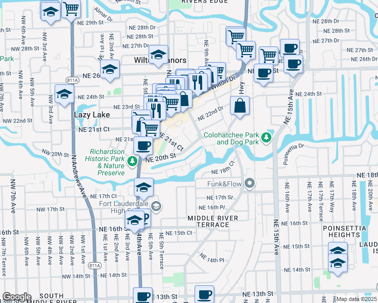 map of restaurants, bars, coffee shops, grocery stores, and more near 634 Northeast 20th Drive in Wilton Manors