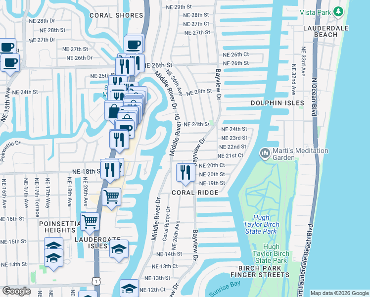 map of restaurants, bars, coffee shops, grocery stores, and more near 2525 Northeast 21st Court in Fort Lauderdale