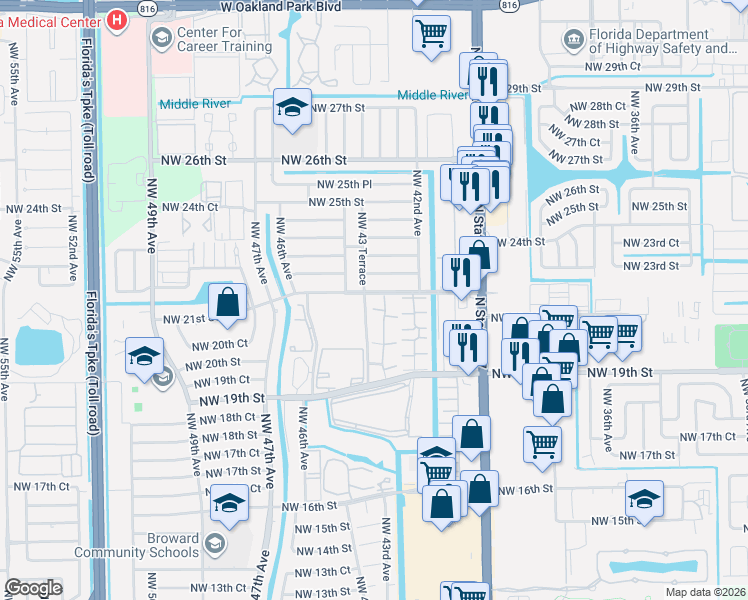 map of restaurants, bars, coffee shops, grocery stores, and more near 2111 Northwest 43 Terrace in Lauderhill