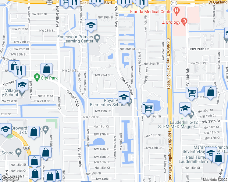 map of restaurants, bars, coffee shops, grocery stores, and more near 2221 Northwest 58th Avenue in Lauderhill