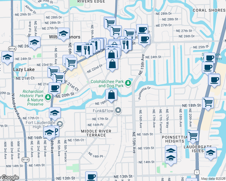 map of restaurants, bars, coffee shops, grocery stores, and more near 5 Riverside Place in Wilton Manors