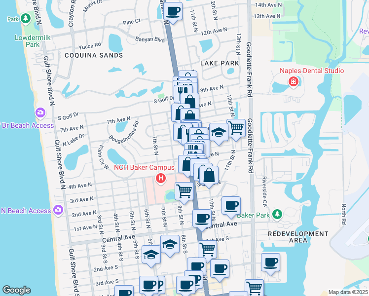 map of restaurants, bars, coffee shops, grocery stores, and more near 620 9th Street North in Naples