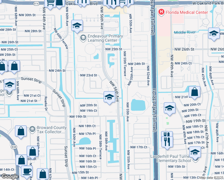 map of restaurants, bars, coffee shops, grocery stores, and more near 2128 Northwest 57th Avenue in Lauderhill