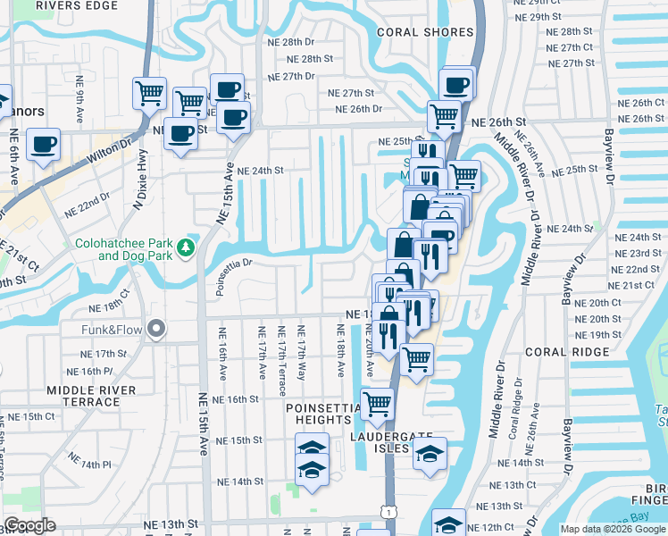 map of restaurants, bars, coffee shops, grocery stores, and more near 1801 Northeast 21st Street in Fort Lauderdale