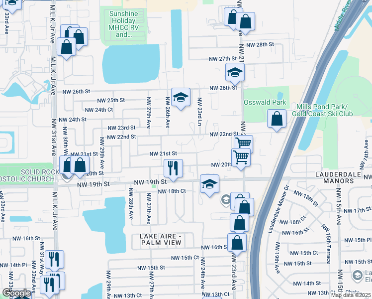 map of restaurants, bars, coffee shops, grocery stores, and more near 2437 Northwest 21st Street in Fort Lauderdale
