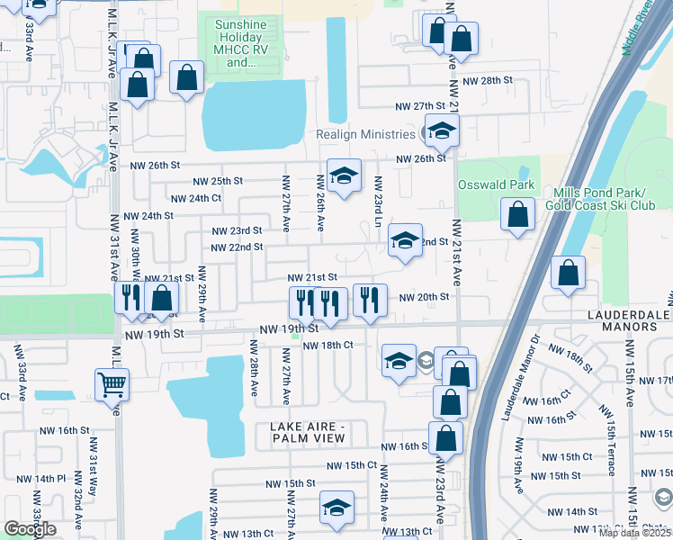 map of restaurants, bars, coffee shops, grocery stores, and more near 2517 Northwest 21st Street in Fort Lauderdale