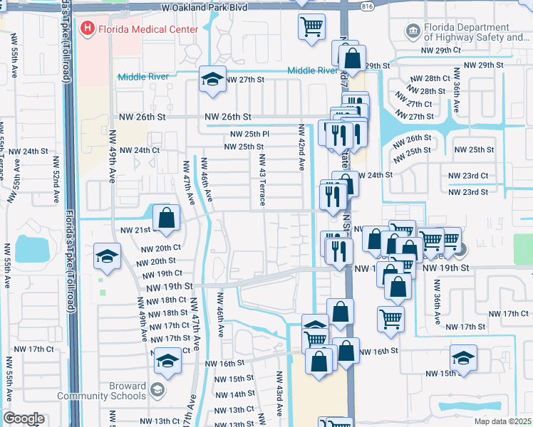 map of restaurants, bars, coffee shops, grocery stores, and more near 2111 Northwest 43 Terrace in Lauderhill