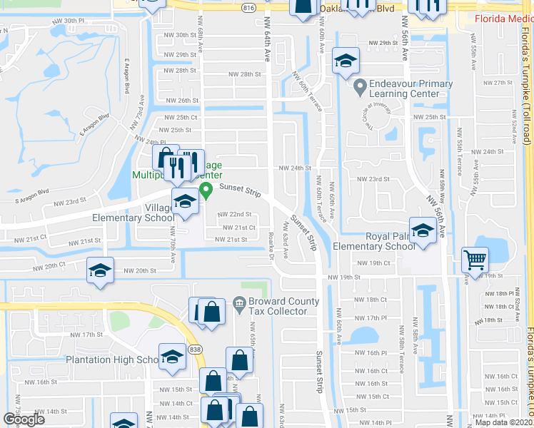 map of restaurants, bars, coffee shops, grocery stores, and more near 2241 Northwest 61st Avenue in Sunrise