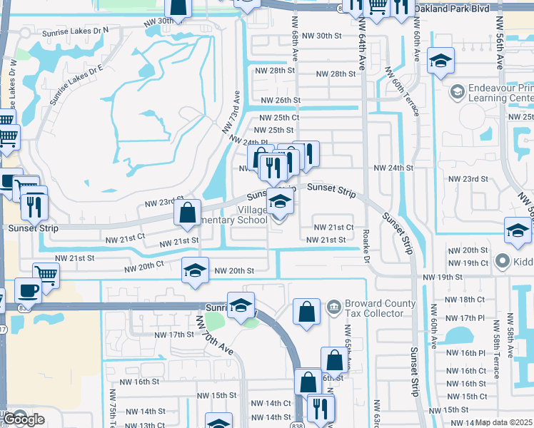 map of restaurants, bars, coffee shops, grocery stores, and more near 2220 Northwest 70th Avenue in Sunrise