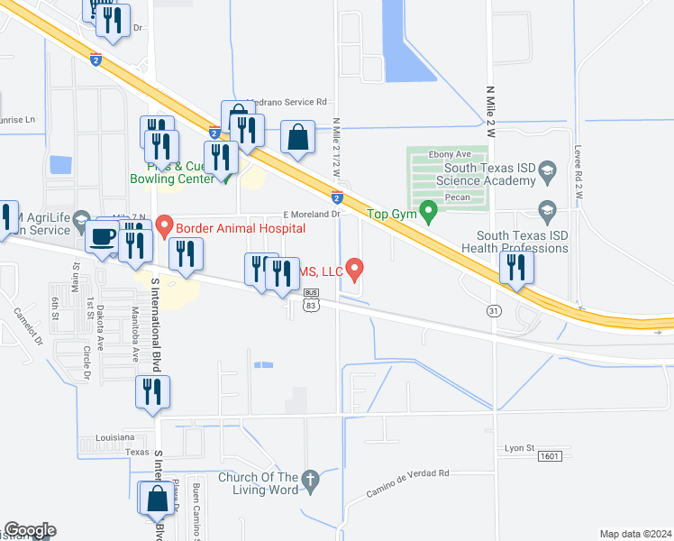 map of restaurants, bars, coffee shops, grocery stores, and more near 4032 East Moreland Drive in Weslaco