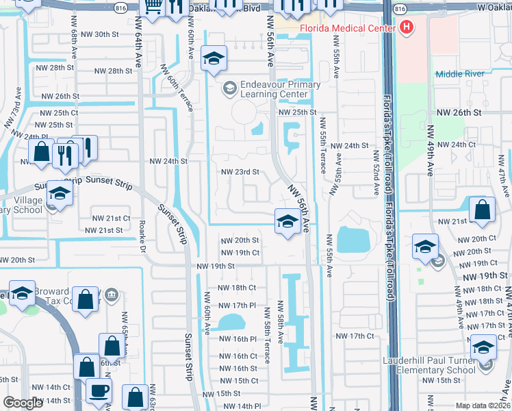 map of restaurants, bars, coffee shops, grocery stores, and more near 2221 Northwest 58th Avenue in Lauderhill