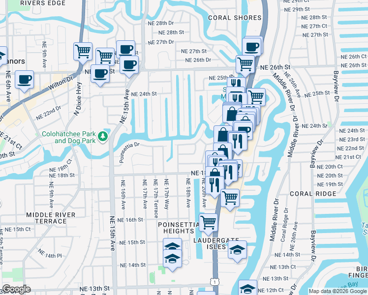 map of restaurants, bars, coffee shops, grocery stores, and more near 1801 Northeast 21st Street in Fort Lauderdale