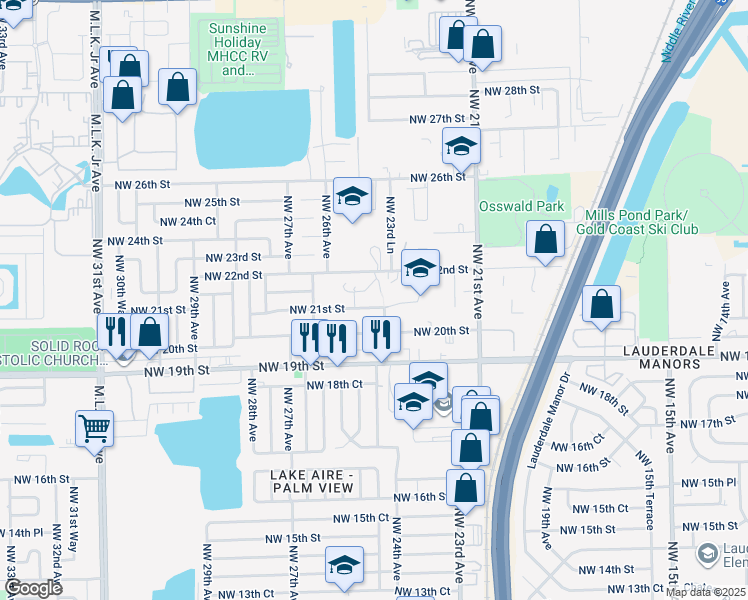 map of restaurants, bars, coffee shops, grocery stores, and more near 2437 Northwest 21st Street in Fort Lauderdale