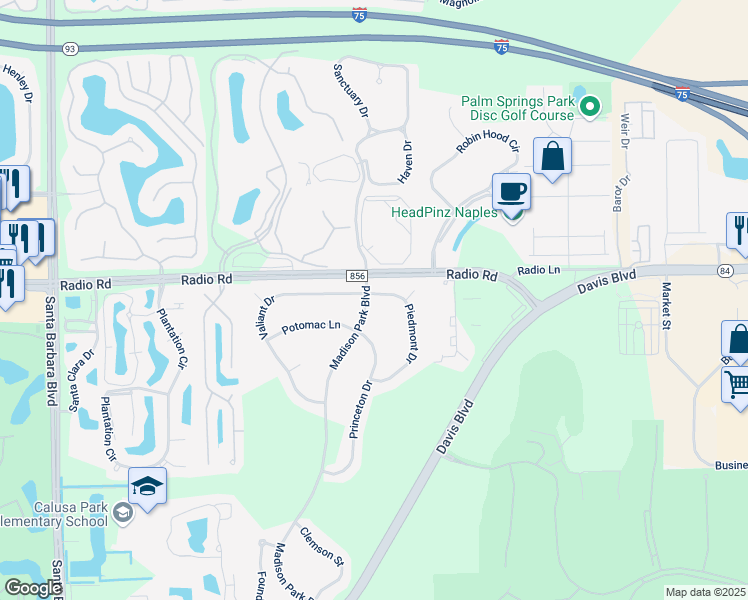 map of restaurants, bars, coffee shops, grocery stores, and more near 8165 Piedmont Drive in Naples